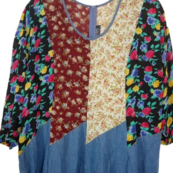 Vintage Chorus Blues Womens Midi Dress Chiffon Floral Patchwork Denim Plus 22W - Picture 3 of 6